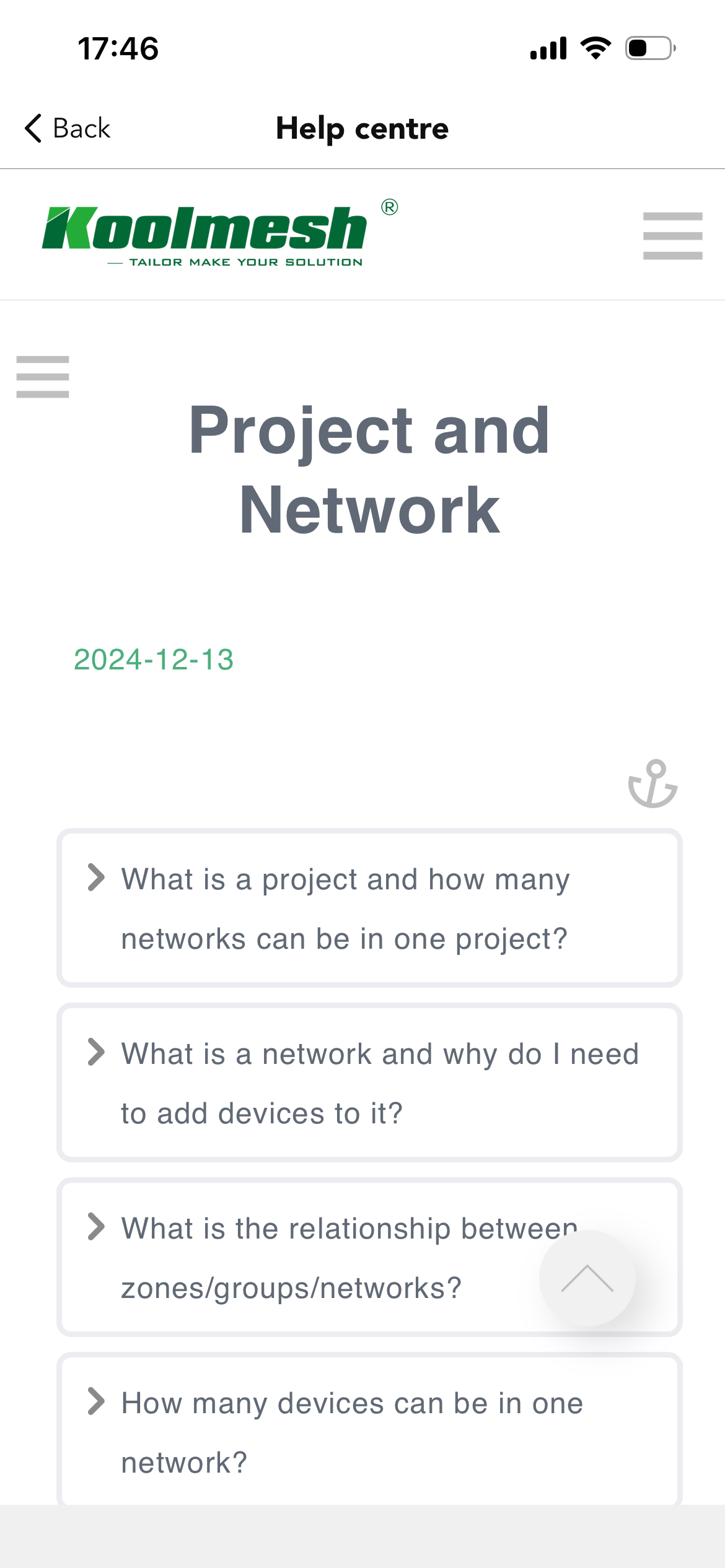 Koolmesh App Help Centre FAQ screen